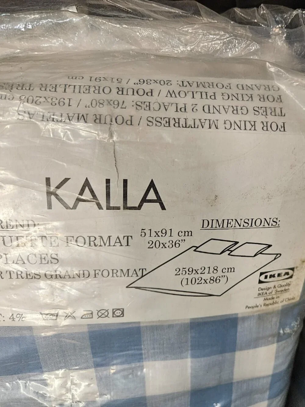 New IKEA KALLA 100% COTTON KING SIZE COMFORTER COVER & PILLOWCASES BLUE PLAID